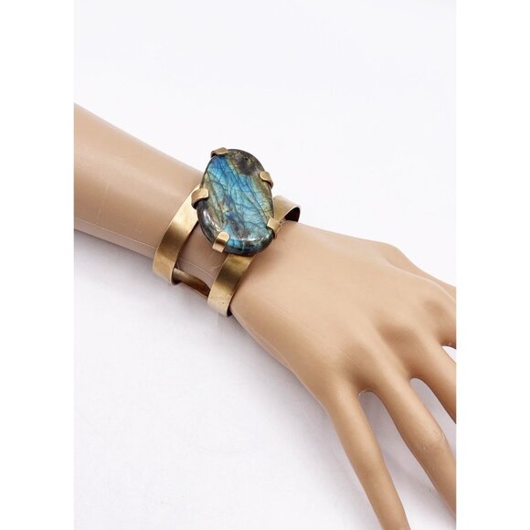 Handcrafted Labradorite Brass Cuff Bracelet Artisan Boho Statement Adjustable - Picture 11 of 11